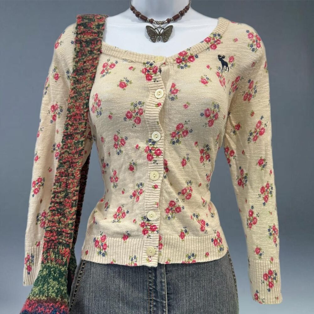 Abercrombie & Fitch Floral Linen Cotton Cardigan Cream Button Front Size M